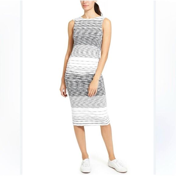 Athleta Comeback Tank Midi Dress Ruched Cinched Sides Striped White/Black 1X - Picture 1 of 12